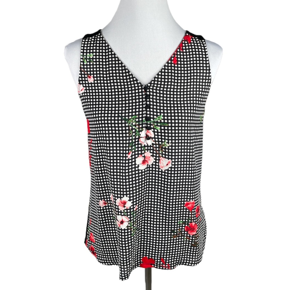 Express Checkered and Floral Blouse, Black, White, Pink, Medium